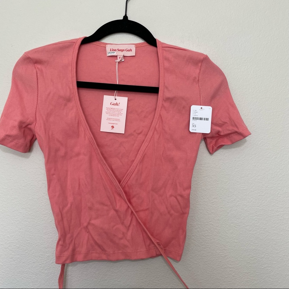 Lisa says gah Lucille wrap top pink rib knit sz.XS